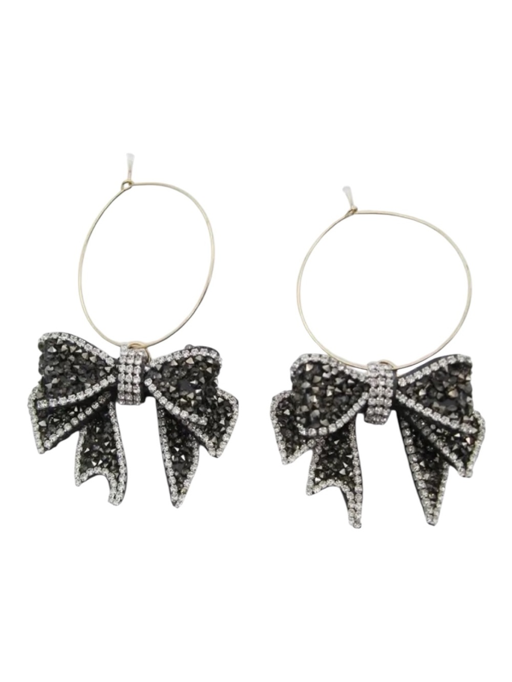 Black and Silver Rhinestone Bow Hoop Earrings